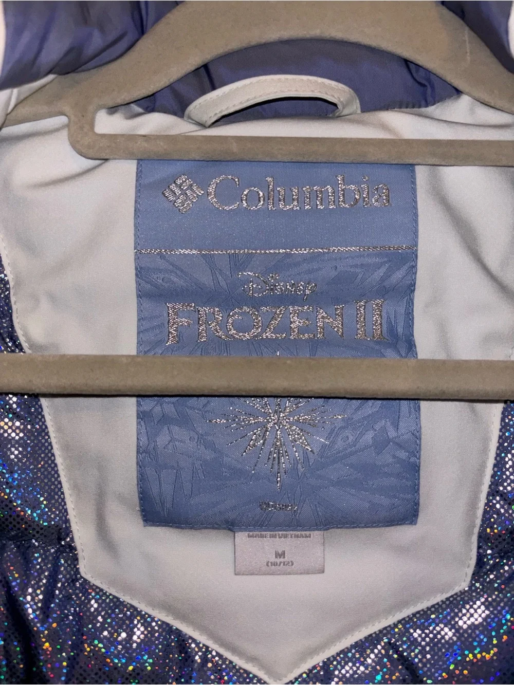 Columbia White Puffer Jacket with Iridescent Blue Lining